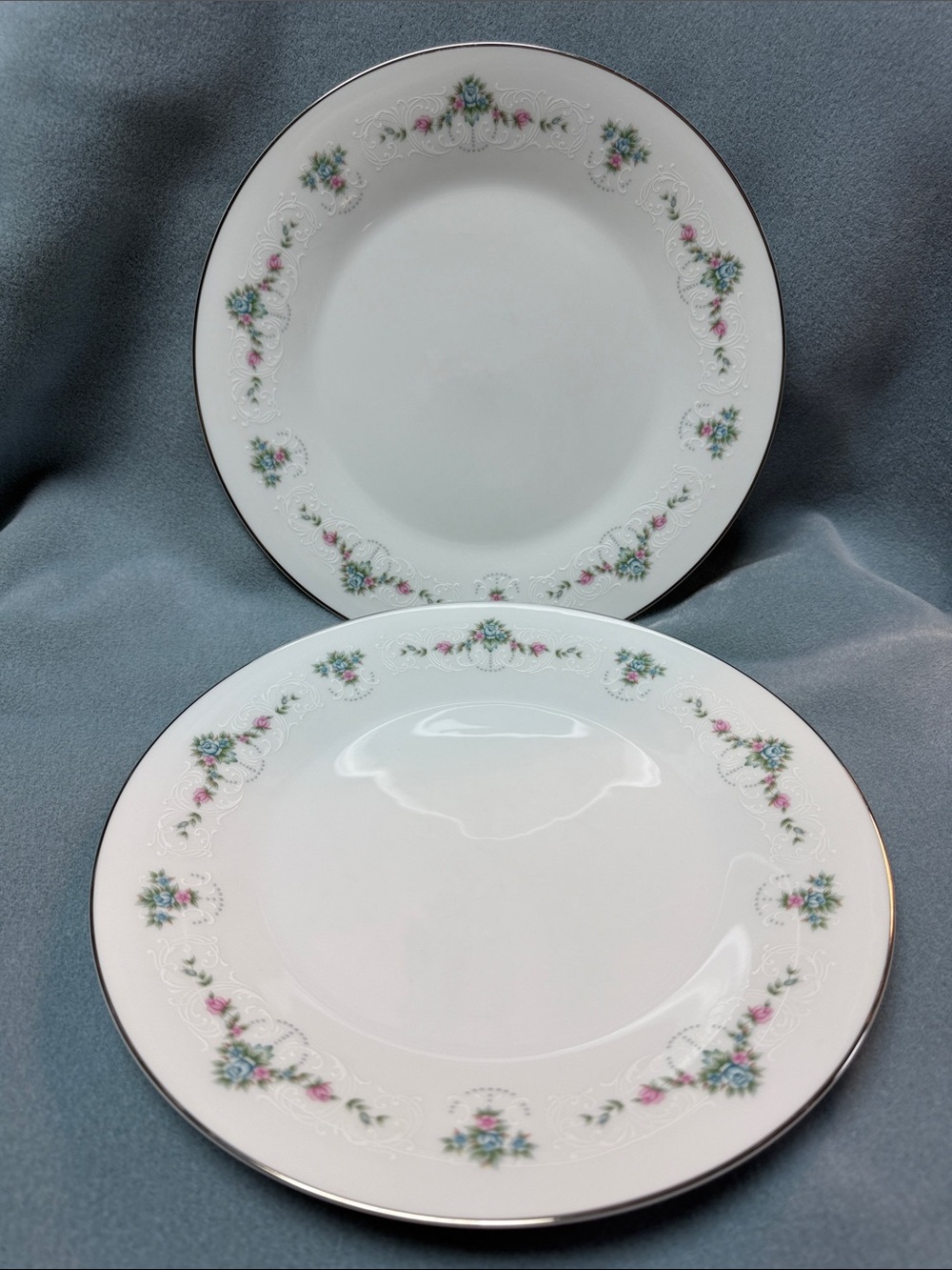 Noritake Royal Roman 1950’s White Floral Dinner Plates with Pink and Blue Accent